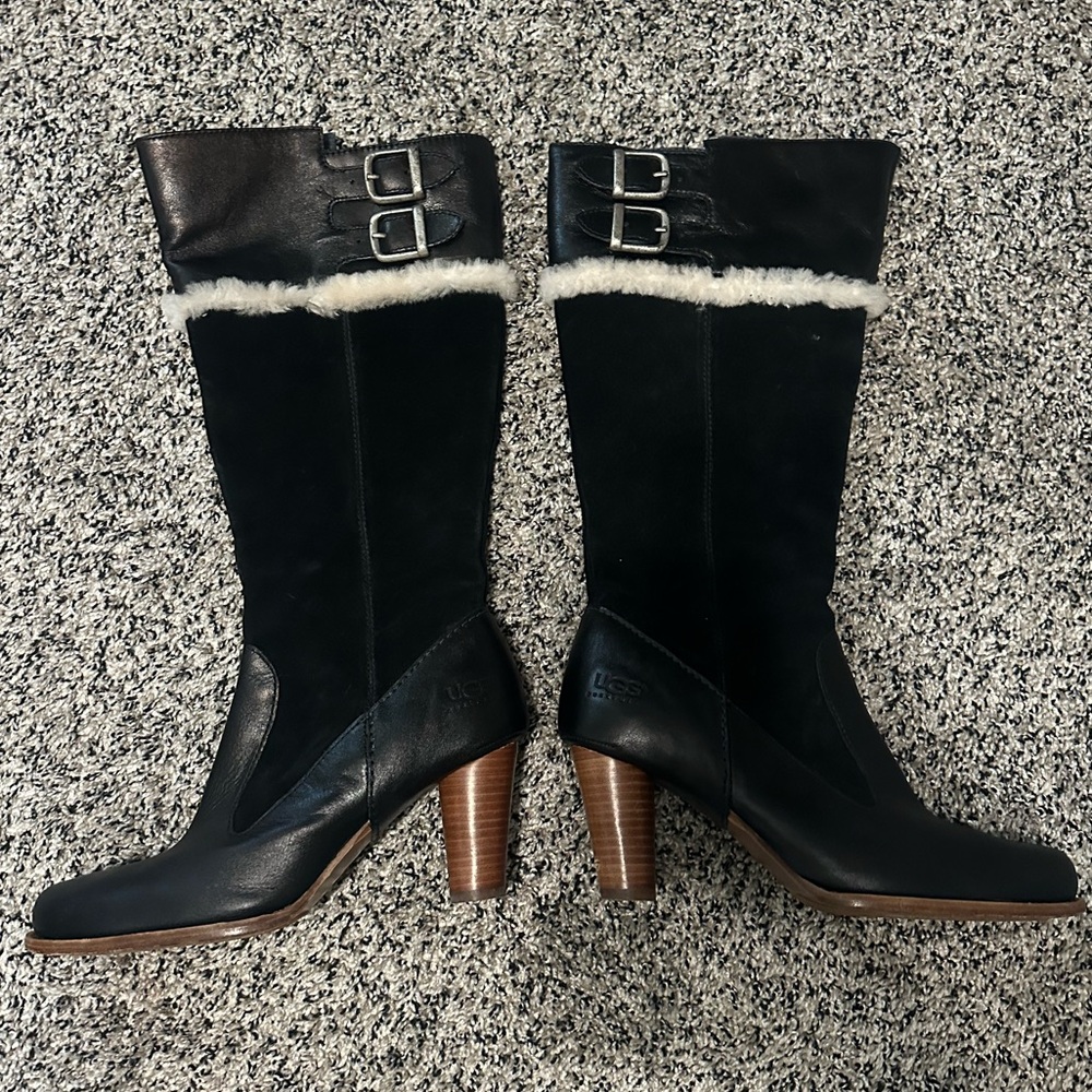 UGG Black and Brown Heeled Boots with Buckle and Fur Trim